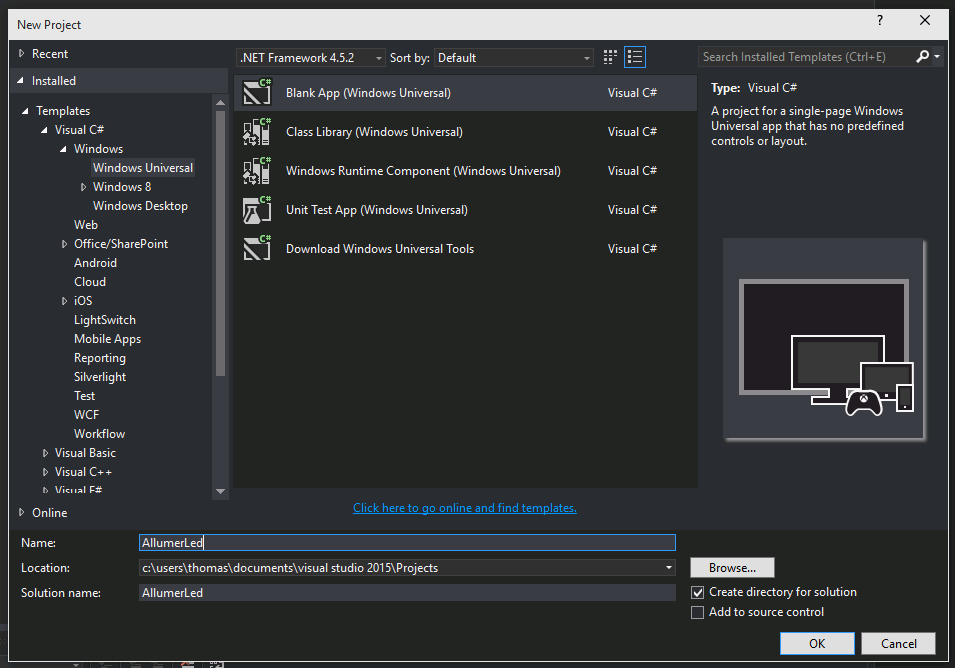 Création d'un projet Universal App dans Visual Studio