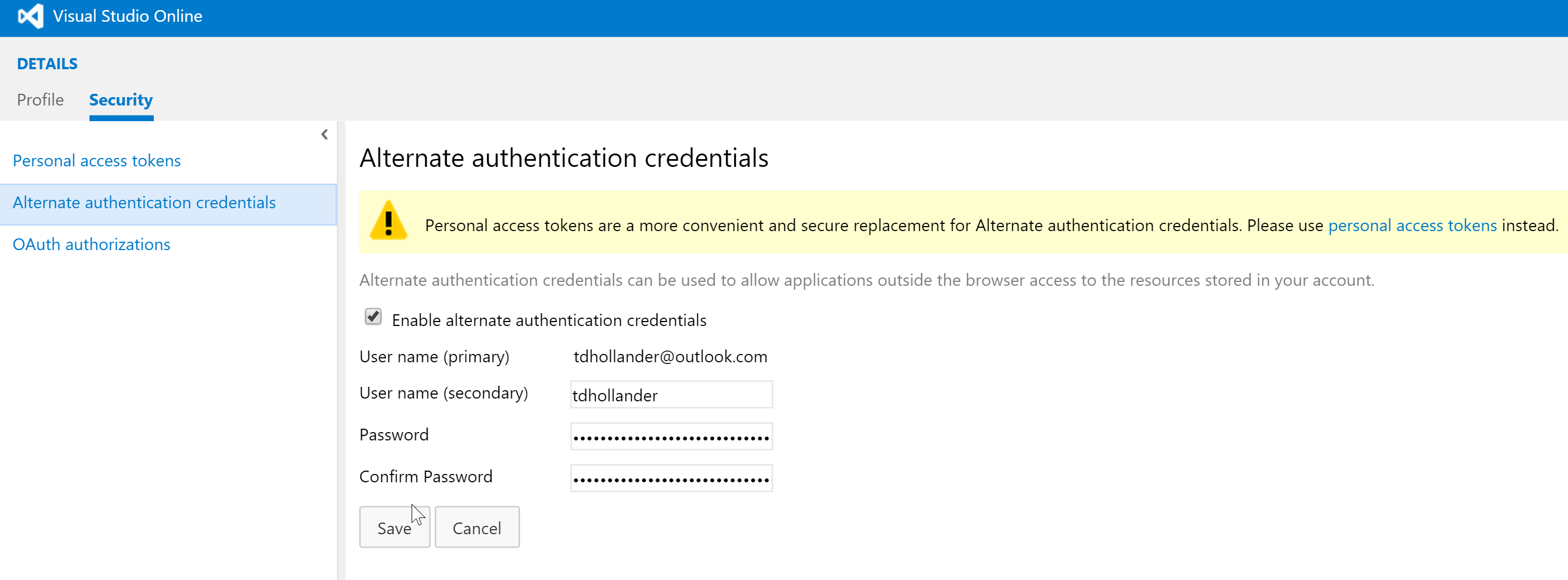 Menu Alternate authentication credentials